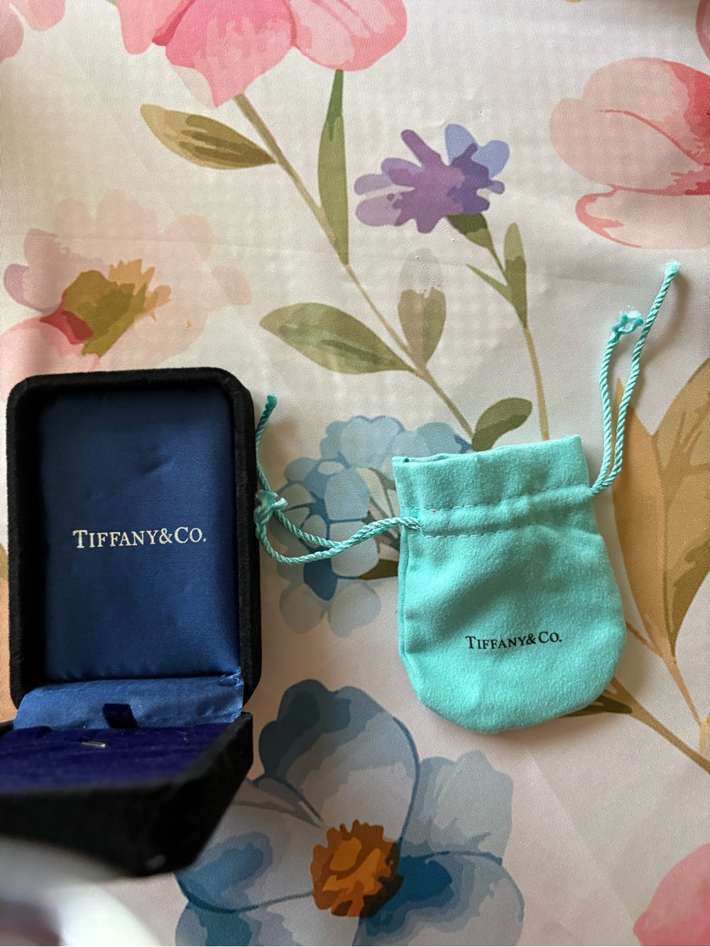 Tiffany & Co. Black Velvet Box with Tiffany Blue Suede Drawstring Pouch